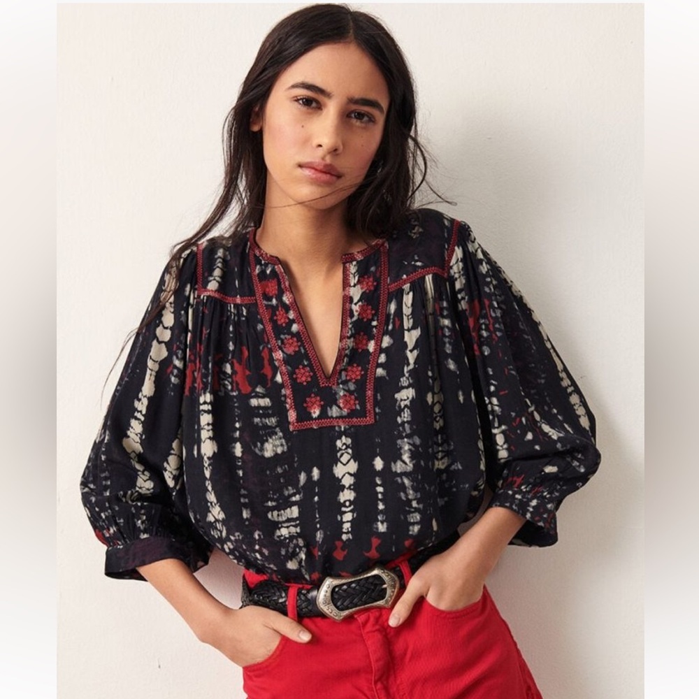 ba&sh Blue Tie-Dye Peasant Blouse with Red Embroidery